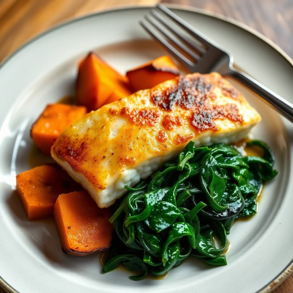 Seared Miso-Glazed Cod with Roasted Sweet Potato and Sautéed Spinach