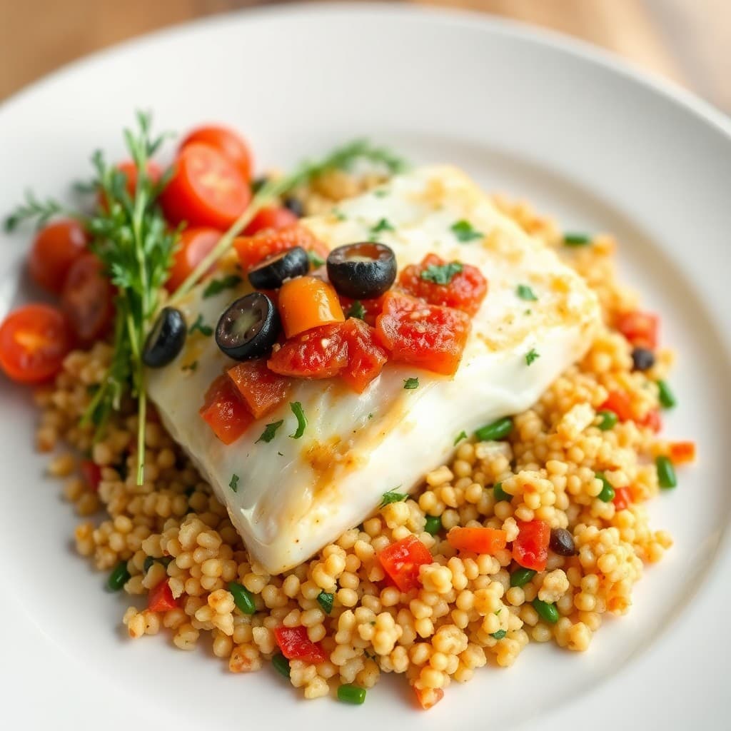 Mediterranean Baked Halibut with Roasted Vegetable Couscous