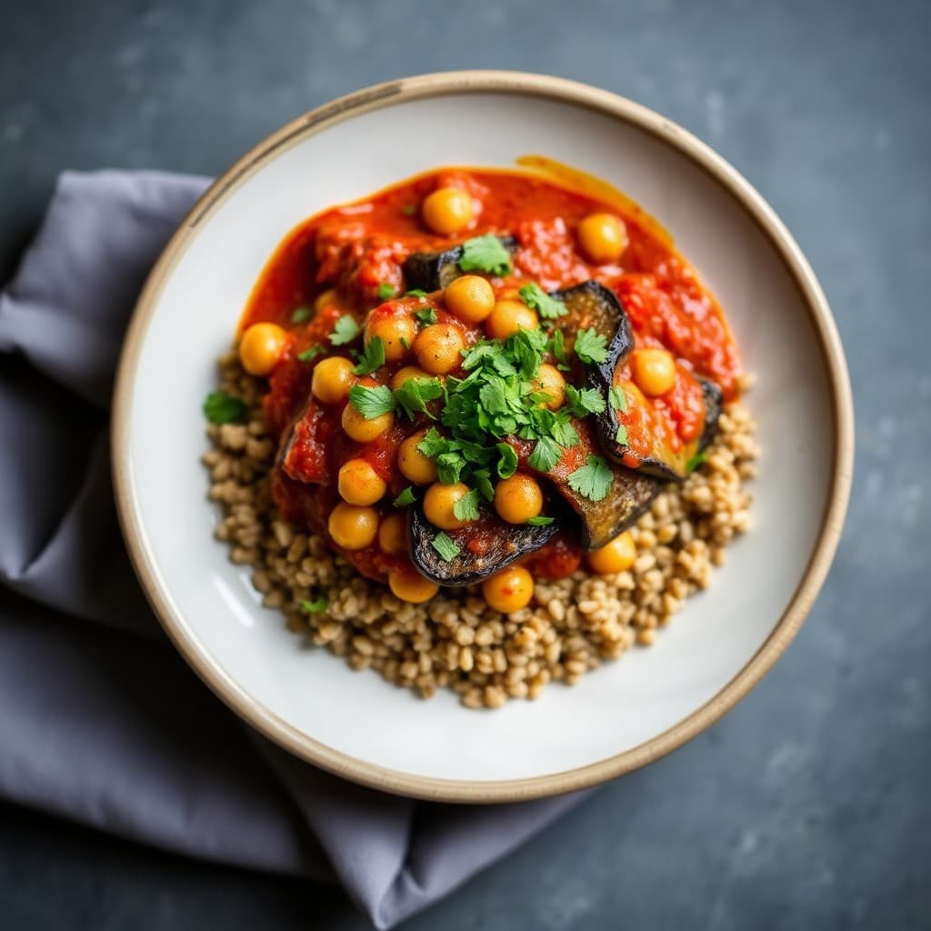 Tunisian Harissa-Spiced Chickpea & Eggplant Shakshuka with Crispy Farro
