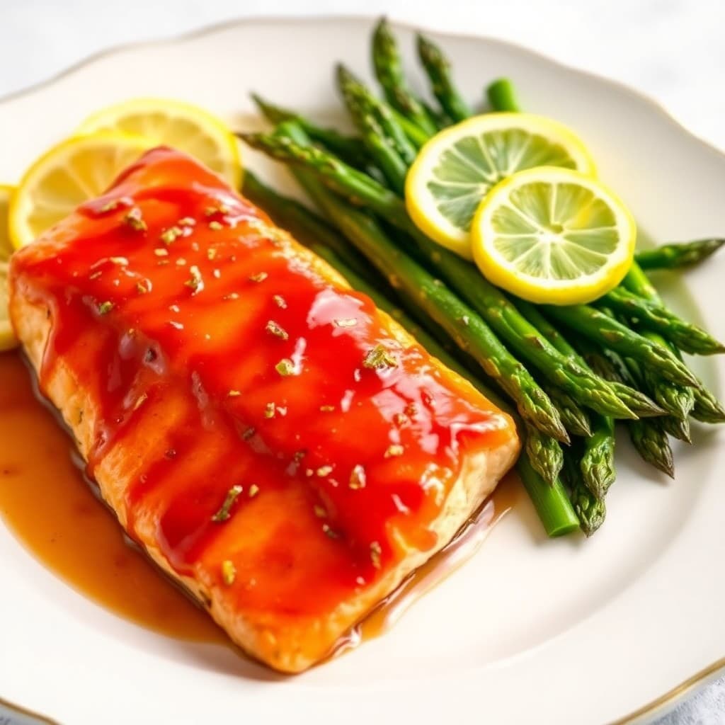 Spicy Honey Glazed Salmon with Lemon Garlic Asparagus