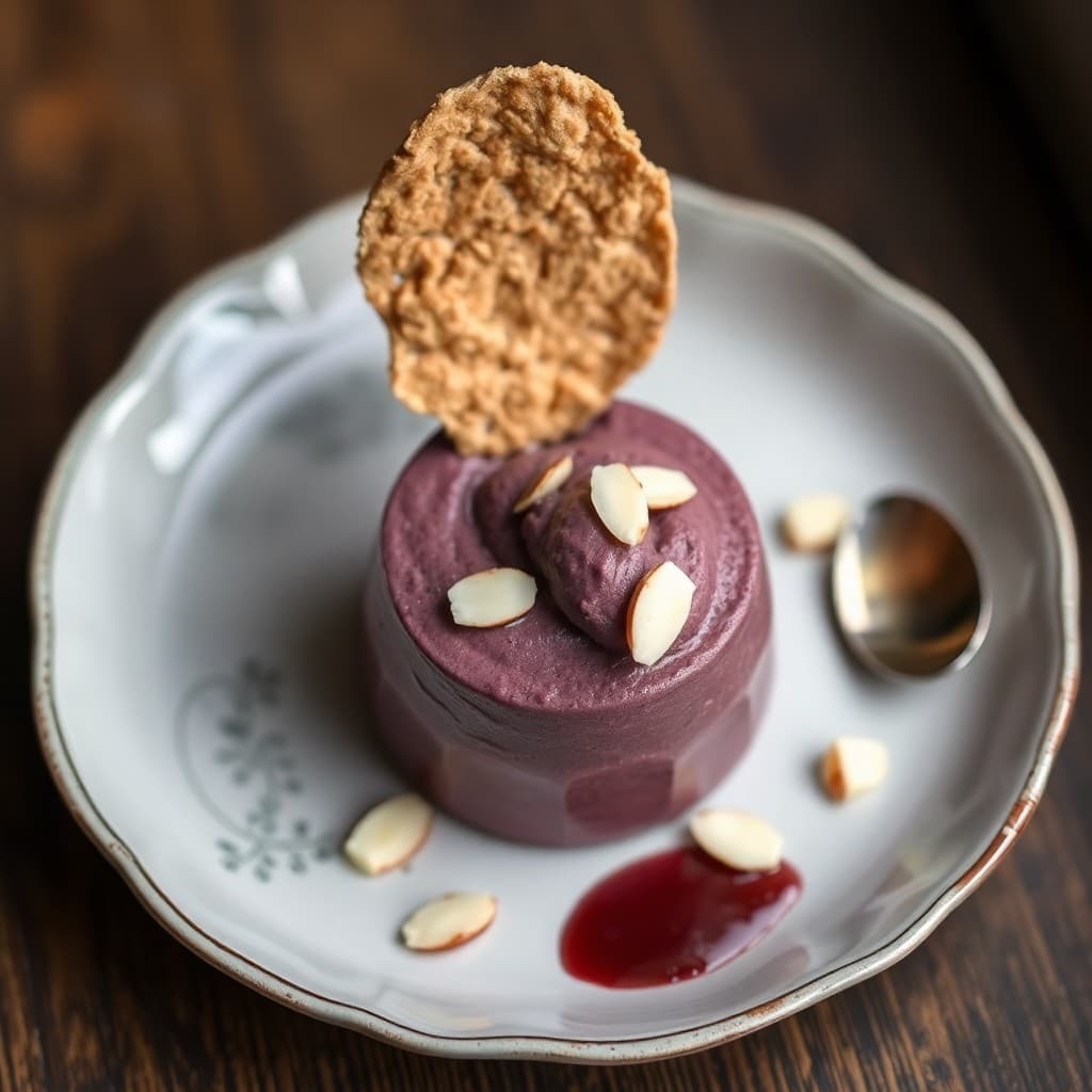 Peruvian Purple Sweet Potato & Cacao Mousse with Crispy Almond Tuile