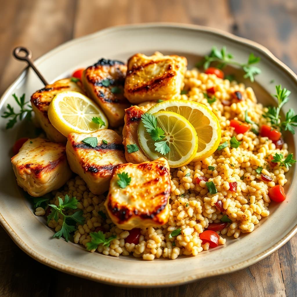Lemon Garlic Chicken Skewers with Mediterranean Couscous