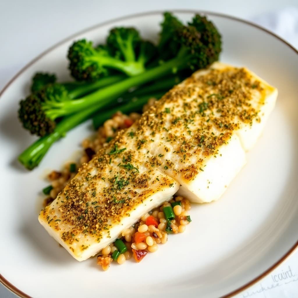 Mediterranean Herb-Crusted Cod with Farro Tabbouleh & Roasted Broccolini