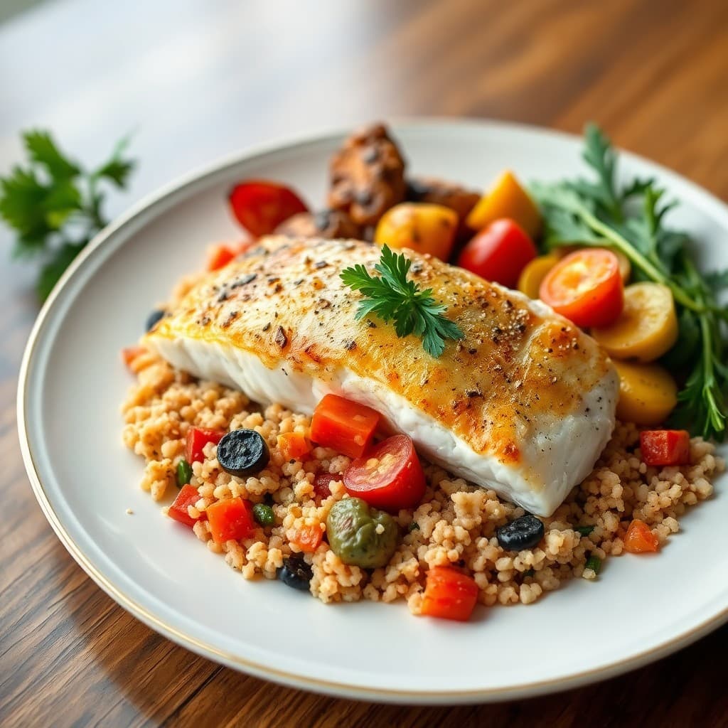 Mediterranean Baked Sea Bass with Roasted Vegetable Bulgur