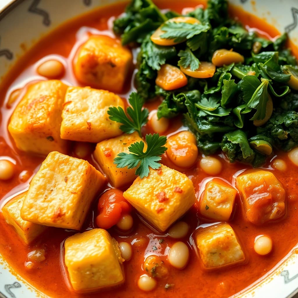 Portuguese-Style Crispy Tofu & White Bean Braise with Roasted Turnips & Kale