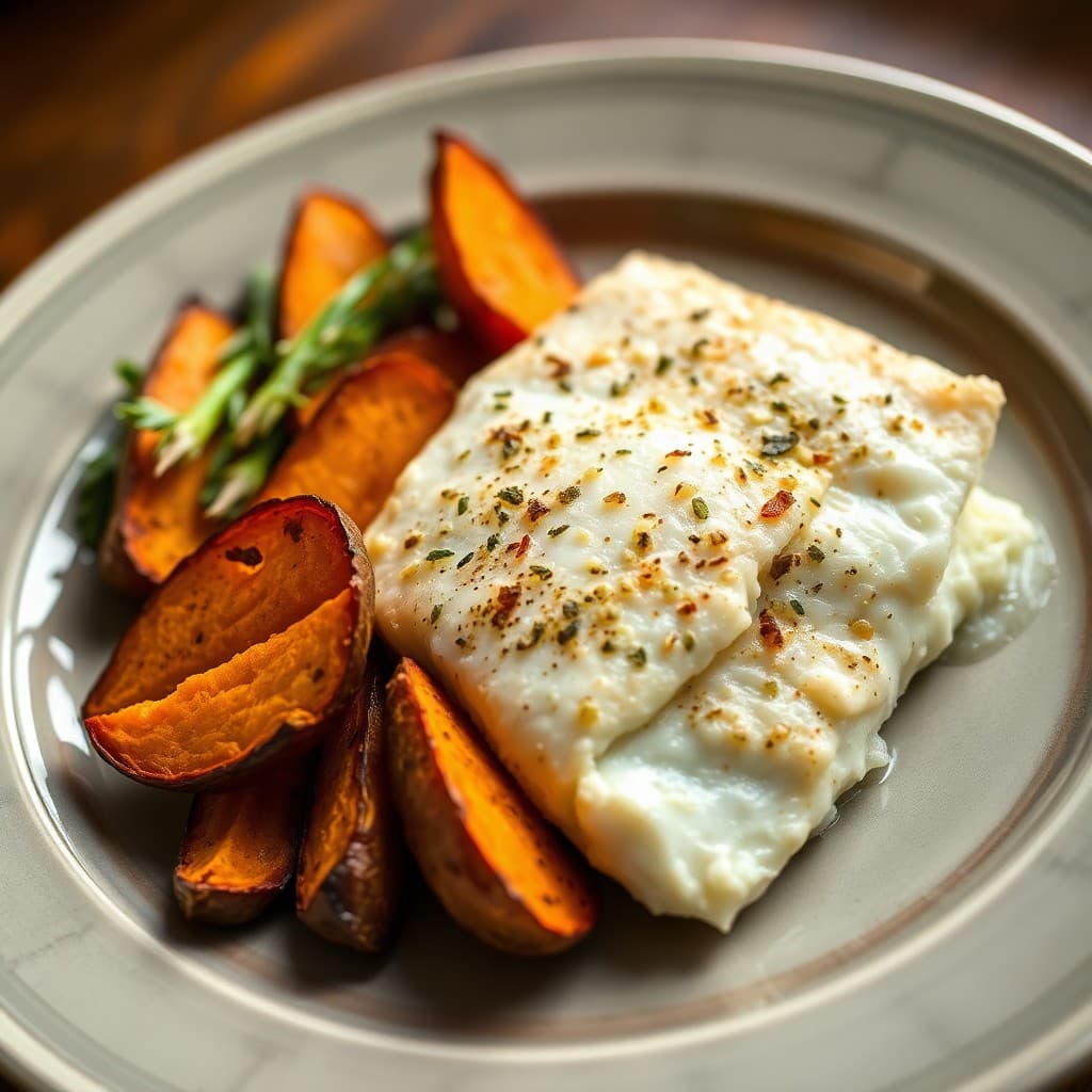 Garlic Herb Baked Cod with Roasted Sweet Potato Wedges