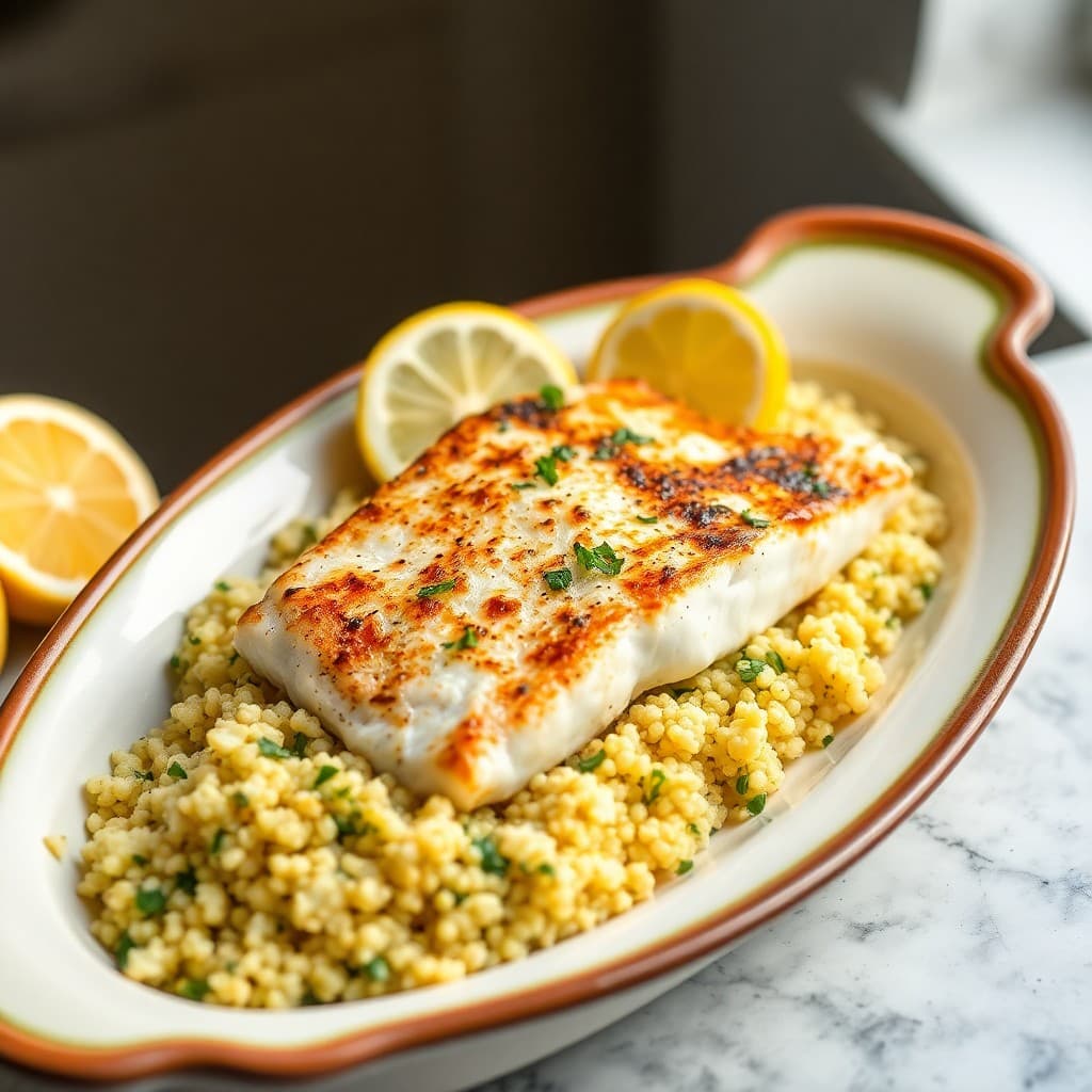 Mediterranean Roasted Cod with Lemon Herb Couscous