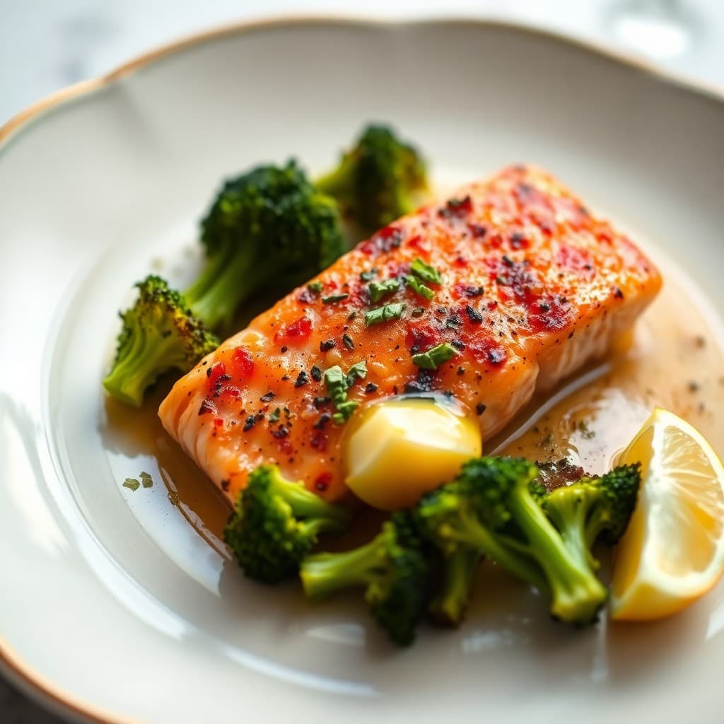 Roasted Salmon with Garlic Butter and Roasted Broccoli