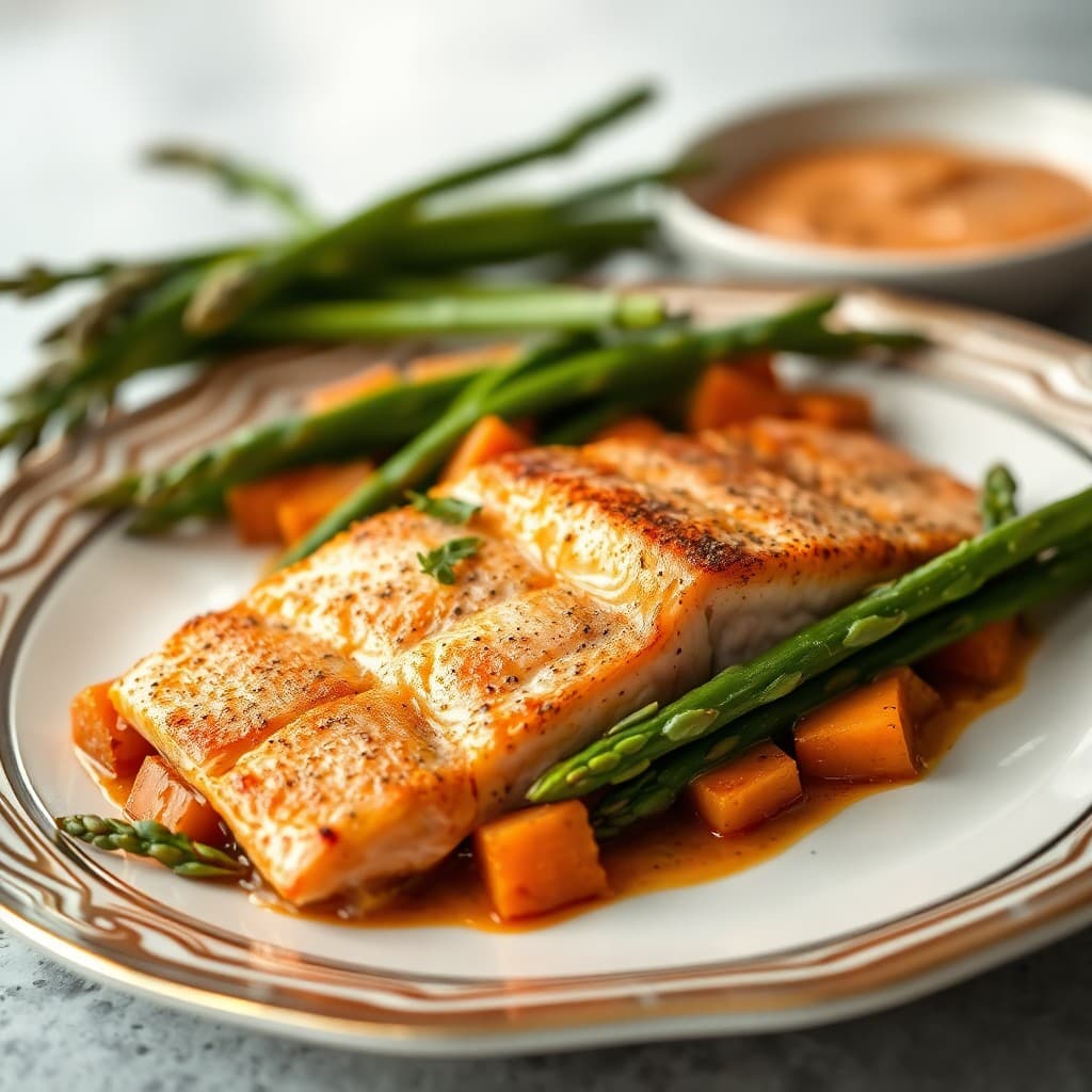 Seared Salmon with Roasted Sweet Potato and Asparagus