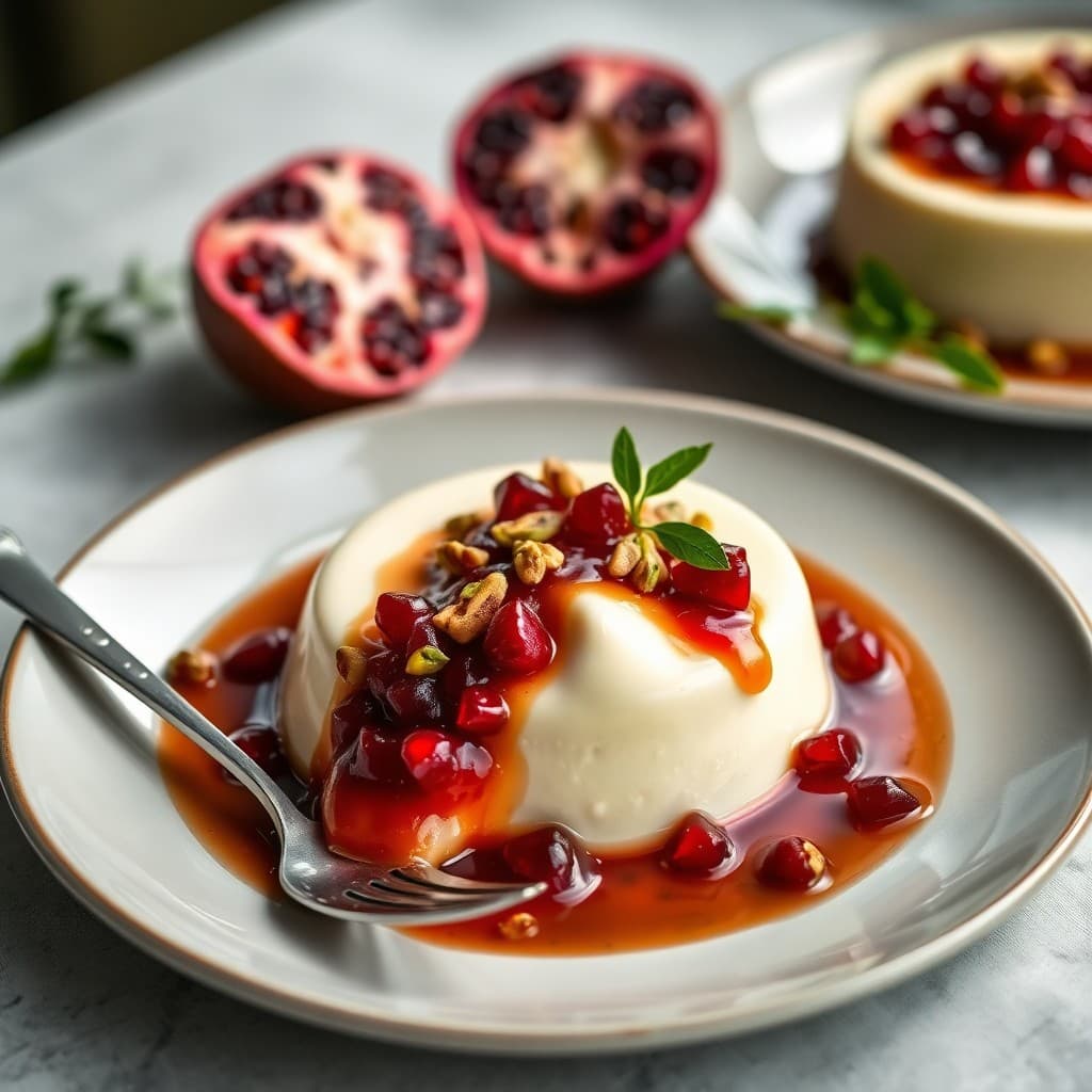 Honey-Olive Oil Panna Cotta with Crushed Pistachio & Pomegranate Compote