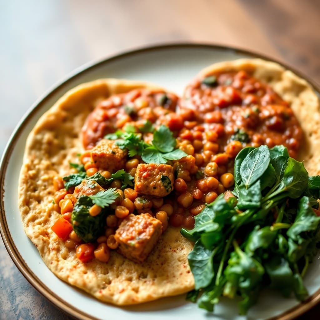 Ethiopian-Spiced Tempeh & Millet Flatbread Platter with Ginger-Tomato Misir Wat
