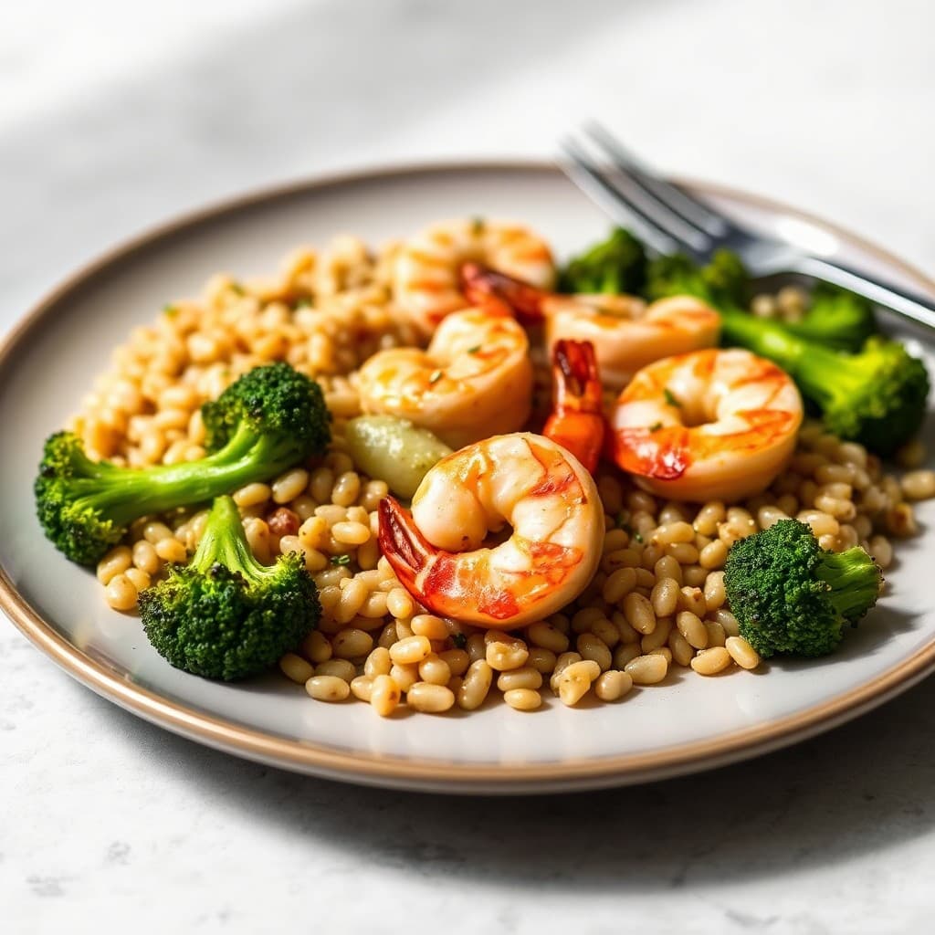 Seared Lemon-Garlic Shrimp with Roasted Broccoli and Farro