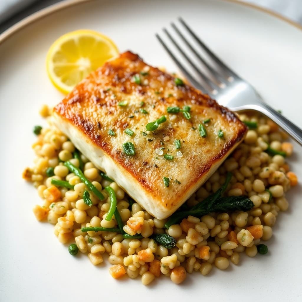 Pan-Seared Sea Bass with Herbed Farro & Roasted Romanesco