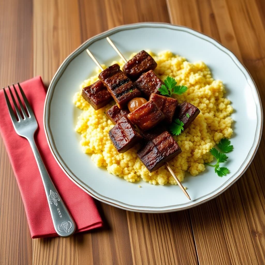 Moroccan Spiced Beef Skewers with Saffron Couscous