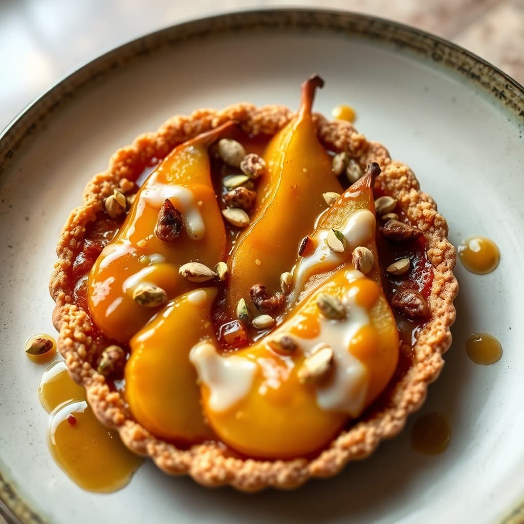 Moroccan Spiced Pear & Almond Tart with Date-Tahini Caramel