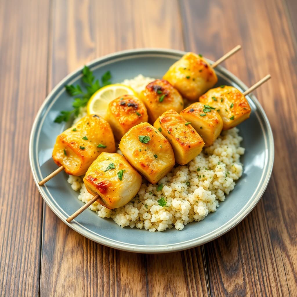 Zesty Lemon Garlic Chicken Skewers with Herbed Couscous