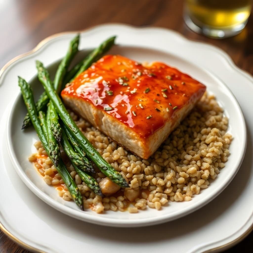 Honey-Garlic Glazed Salmon with Roasted Asparagus and Barley