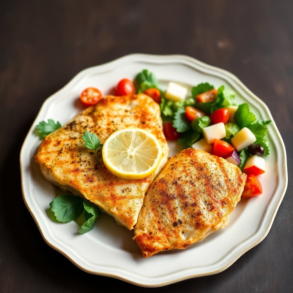 Lemon Pepper Chicken Paillards with Mediterranean Salad