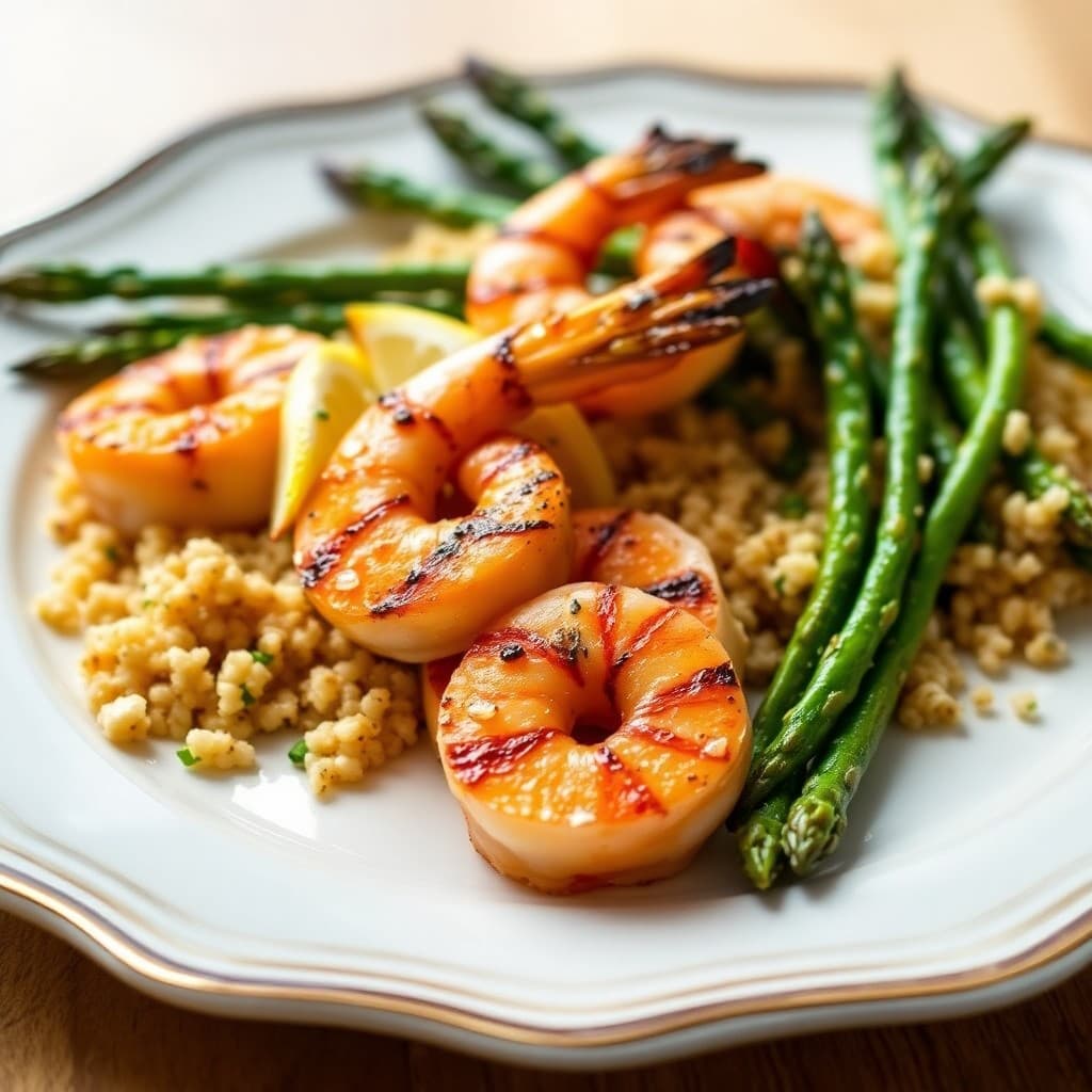 Grilled Lemon-Garlic Shrimp with Roasted Asparagus and Quinoa