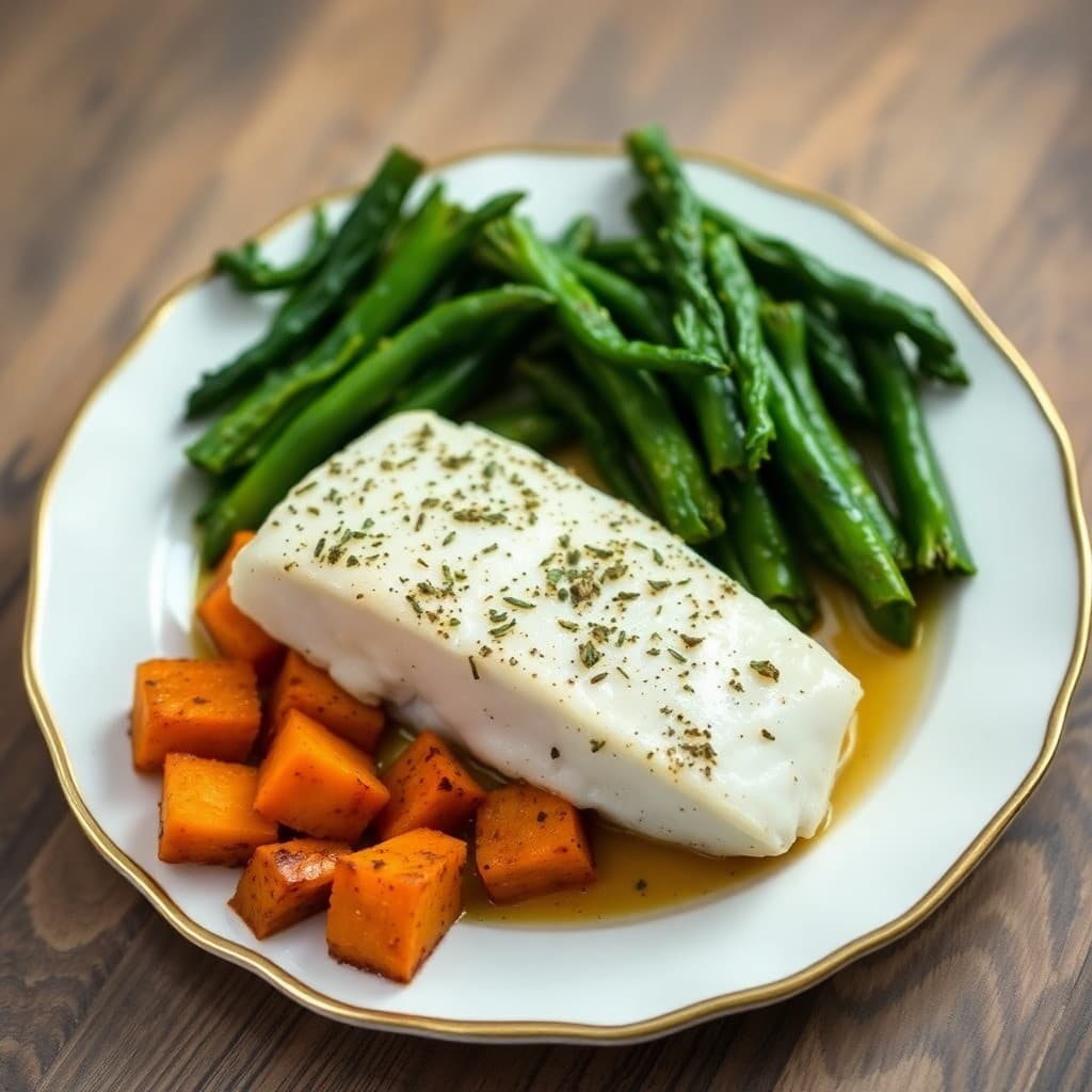 Garlic Herb Baked Cod with Roasted Sweet Potatoes