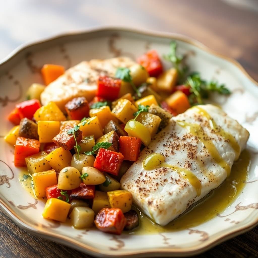 Mediterranean Baked Halibut with Roasted Veggies