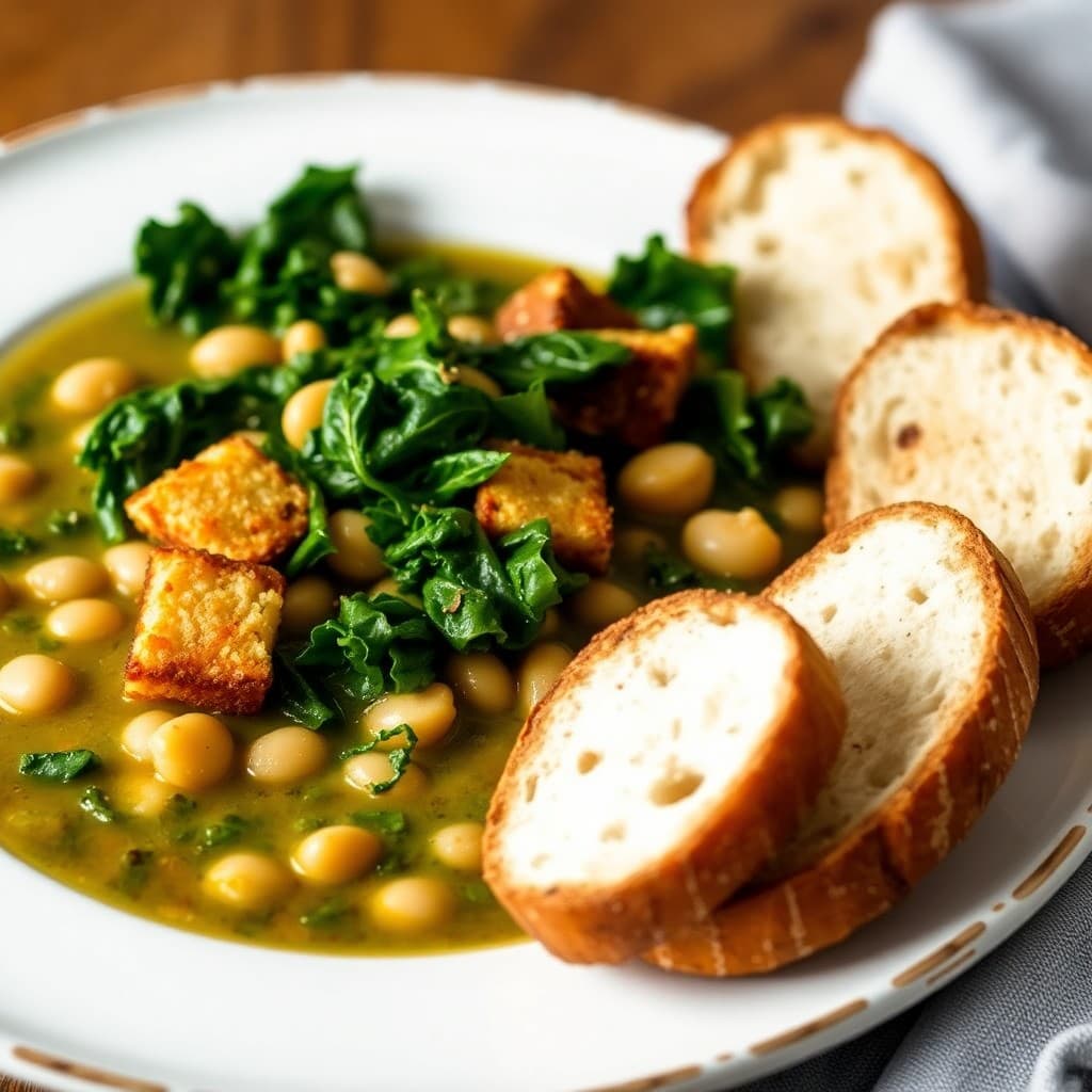 Portuguese-Inspired White Bean & Kale Stew with Crispy Tempeh Croutons