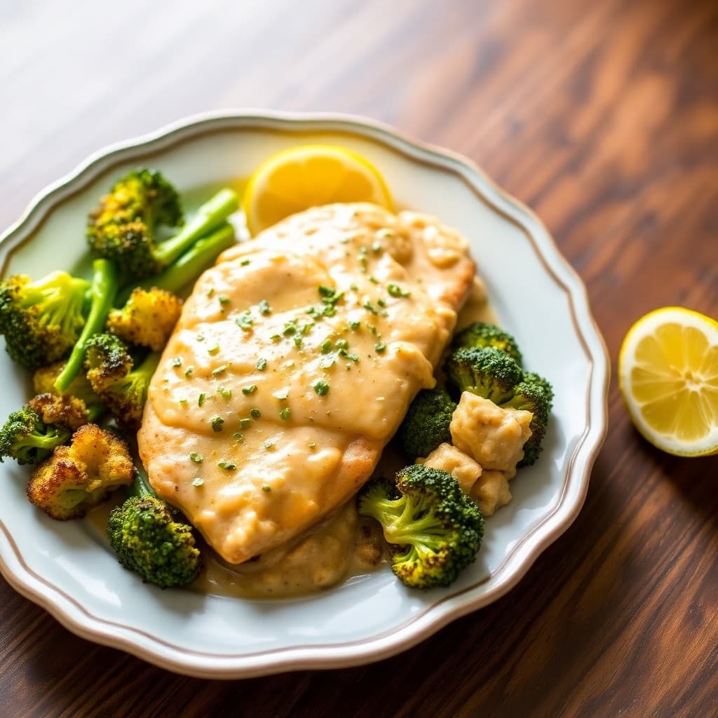 Zesty Lemon Chicken Piccata with Roasted Garlic Parmesan Broccoli