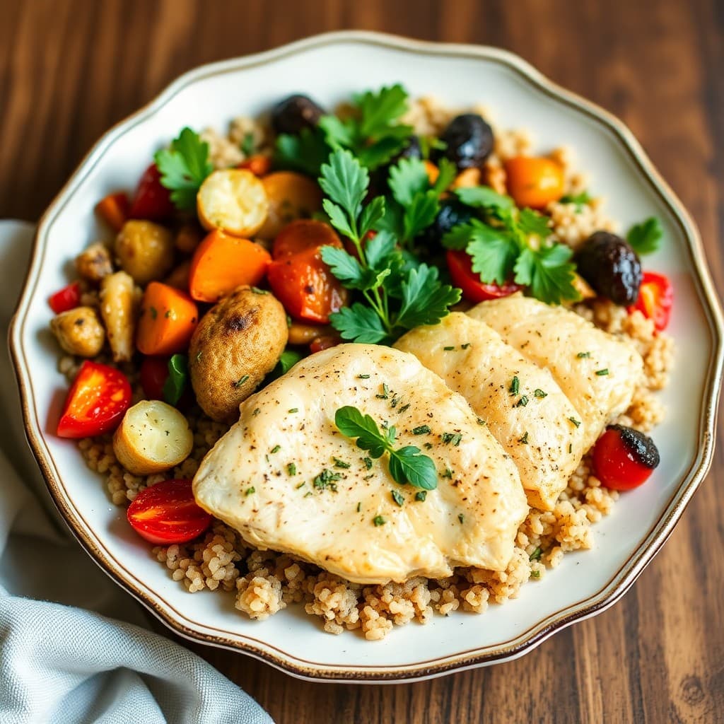 Zesty Mediterranean Chicken and Roasted Vegetable Quinoa Bowl