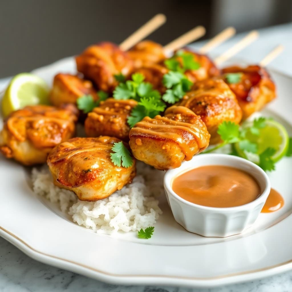 Spicy Thai Coconut Chicken Skewers with Peanut Sauce