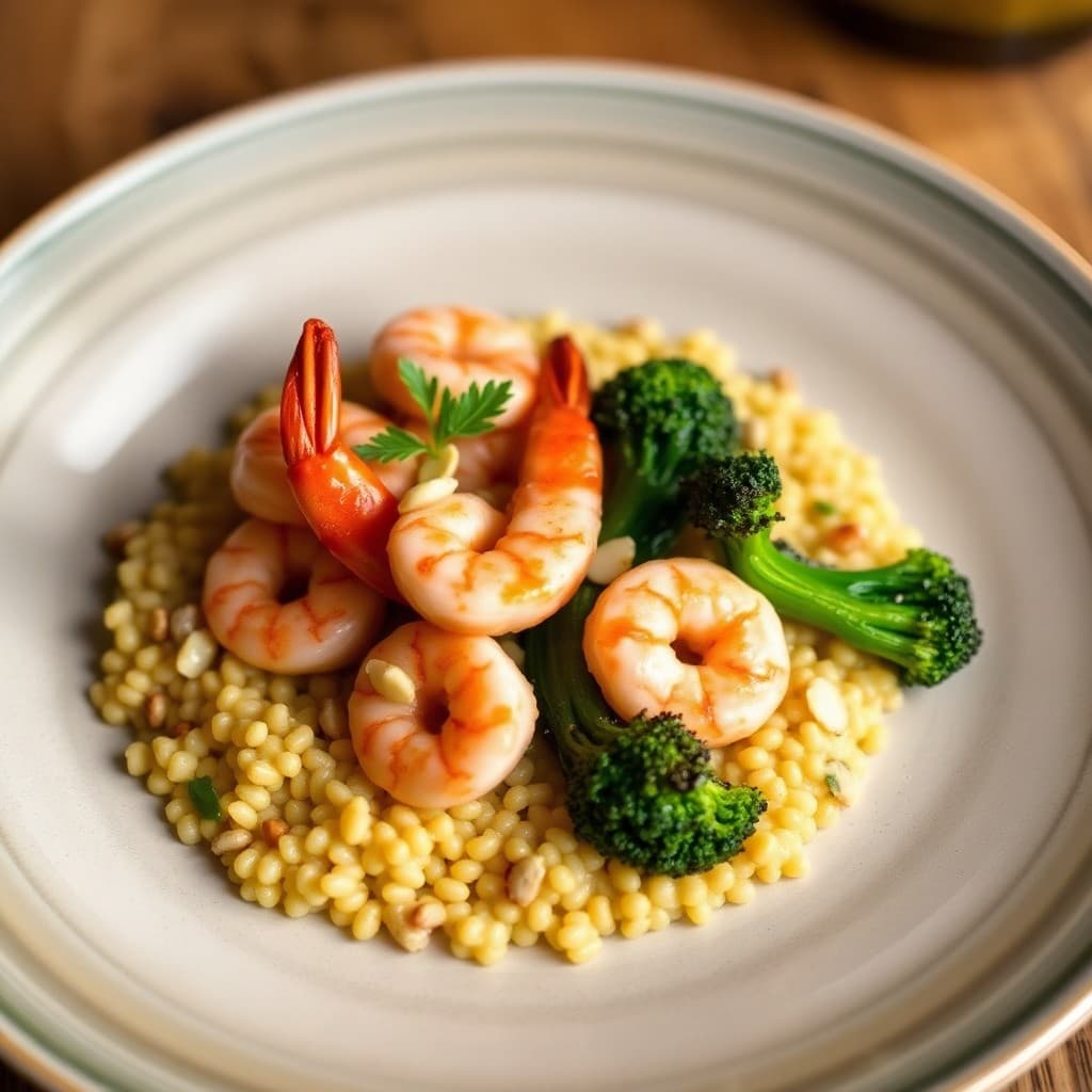 Spanish Gambas al Ajillo with Saffron Farro & Charred Broccolini