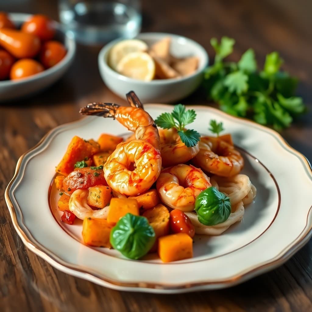 Seared Chili-Lime Shrimp with Roasted Sweet Potato Medley