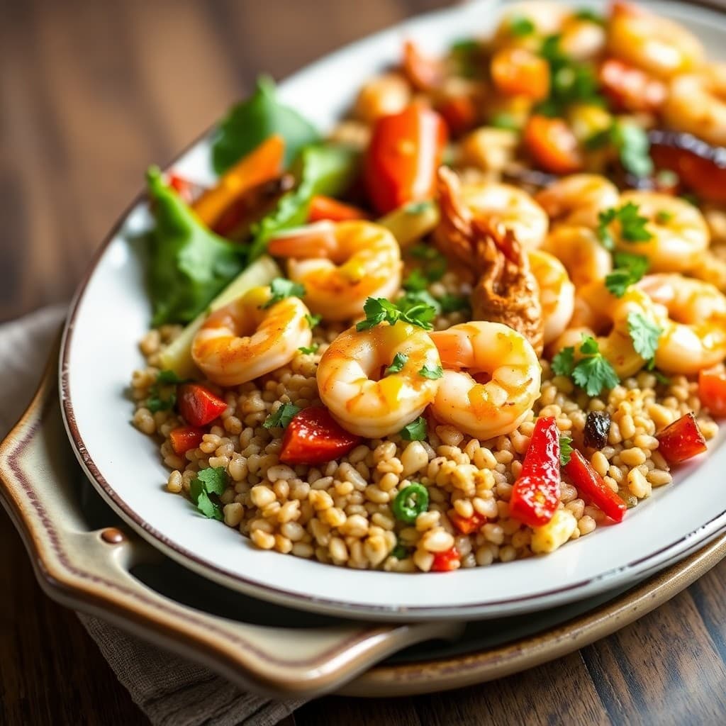 Mediterranean Garlic Shrimp Farro Bowls
