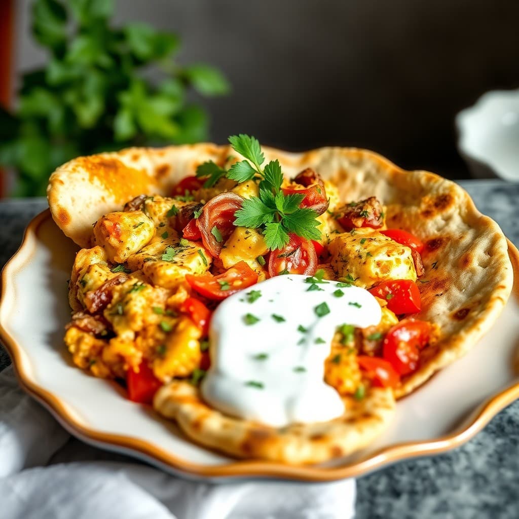 Turkish Menemen-Inspired Breakfast Scramble with Herb Flatbread & Yogurt
