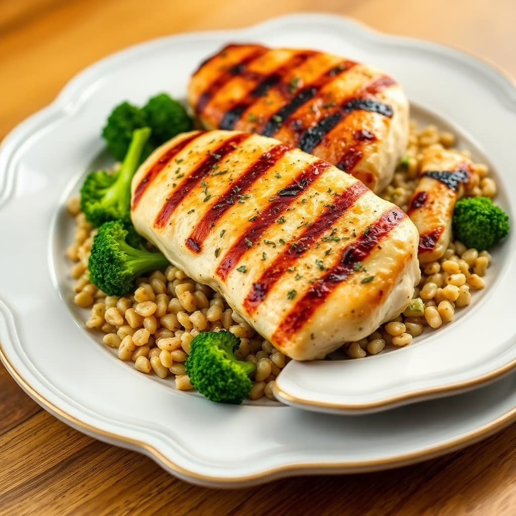 Grilled Garlic-Herb Chicken with Roasted Broccoli and Farro