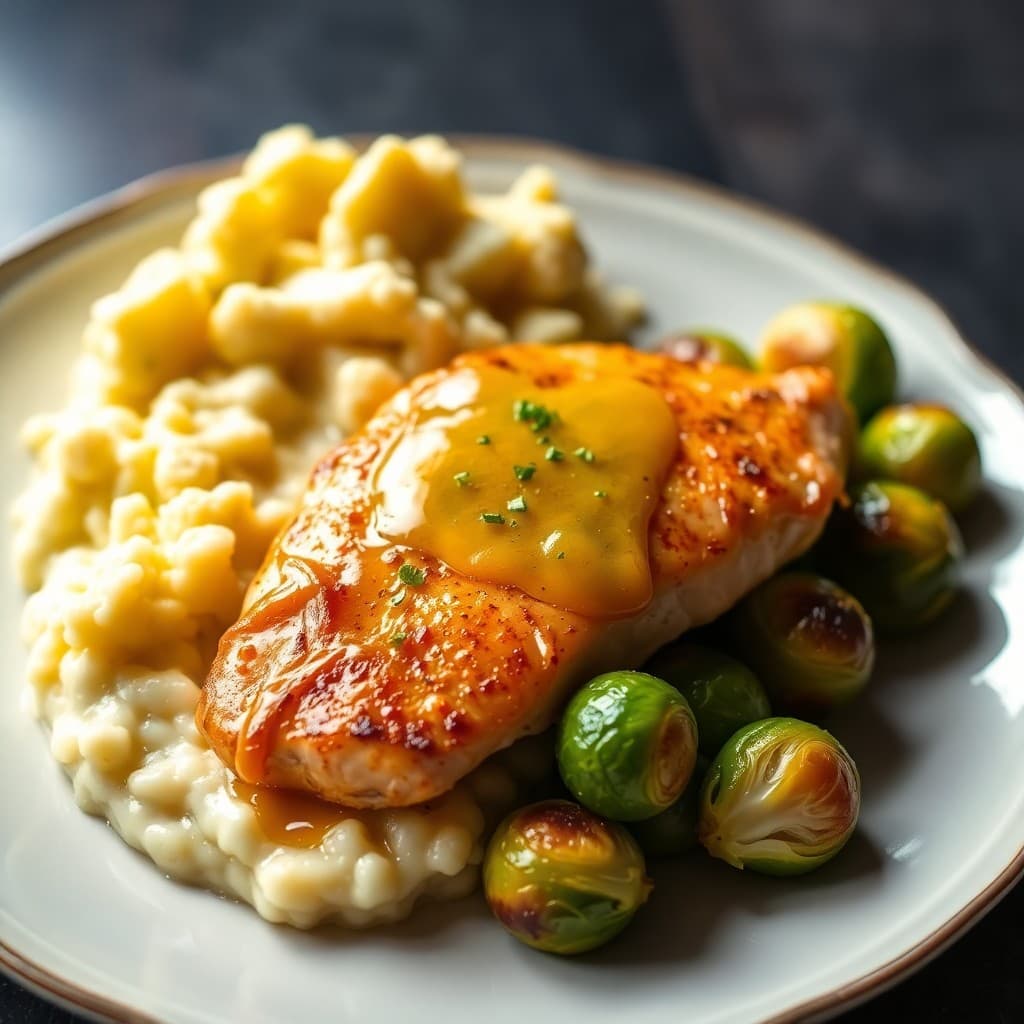 Seared Lemon-Garlic Chicken with Cauliflower Mash and Roasted Brussels Sprouts