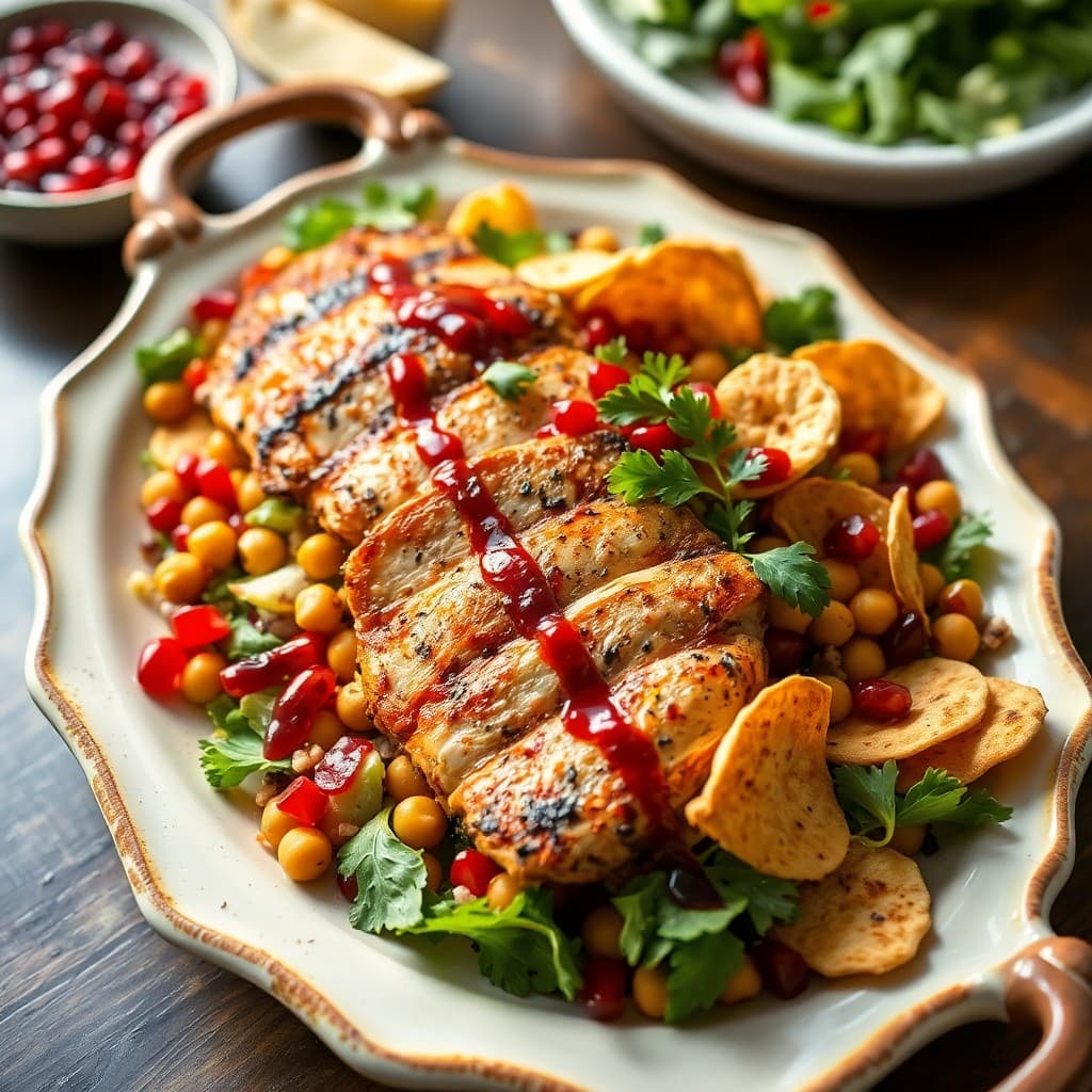 Lebanese Spiced Grilled Chicken with Crispy Chickpea Fattoush & Pomegranate Drizzle