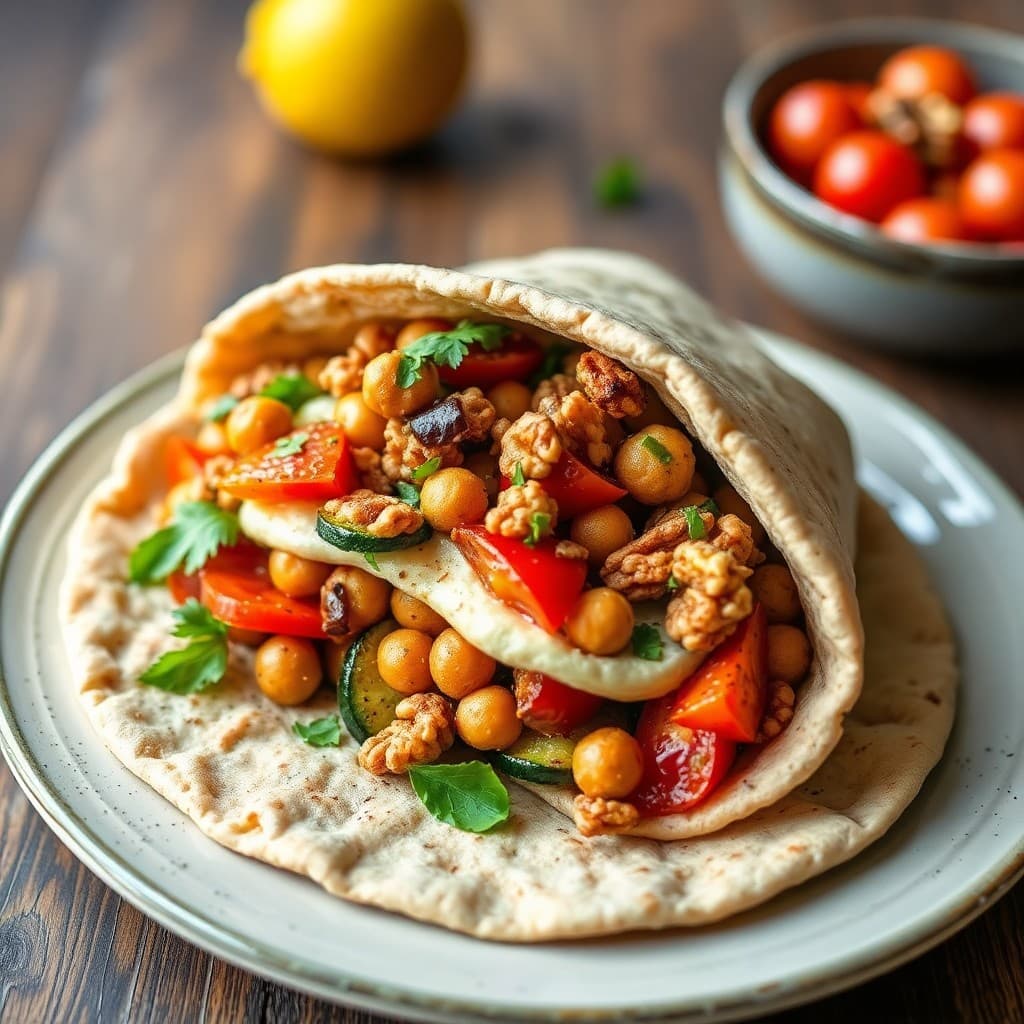 Turkish Chickpea & Walnut Breakfast Wrap with Za'atar Roasted Vegetables