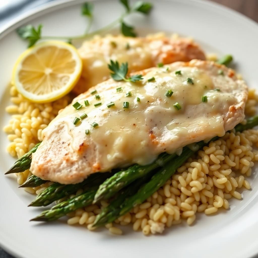 Zesty Lemon Chicken Piccata with Roasted Asparagus and Parmesan Orzo