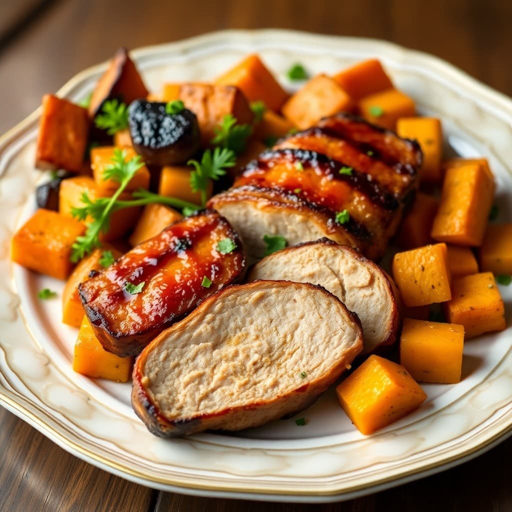 Grilled Teriyaki Pork Tenderloin with Roasted Sweet Potato Medley