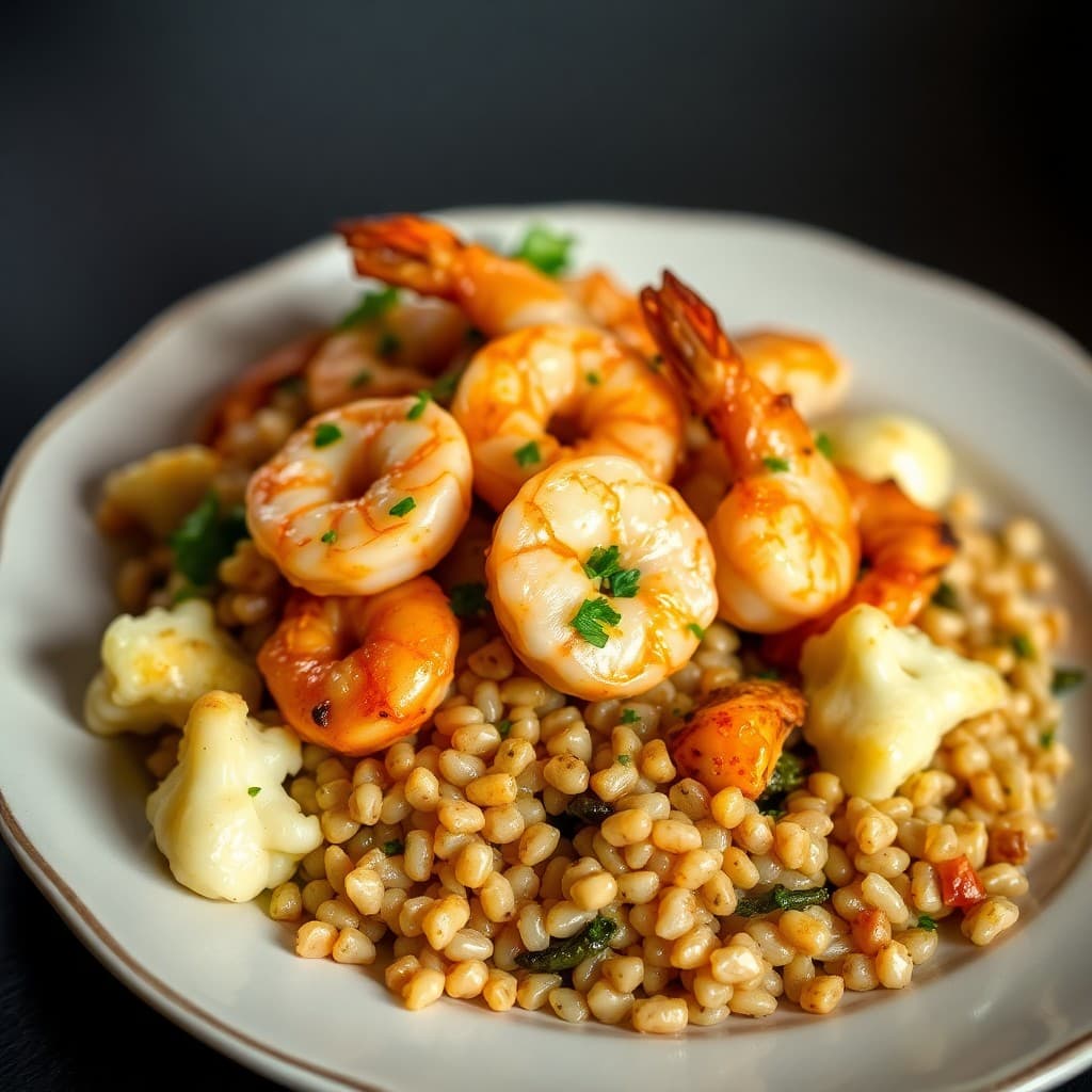 Sizzling Garlic Ginger Shrimp Stir-Fry with Roasted Cauliflower and Barley