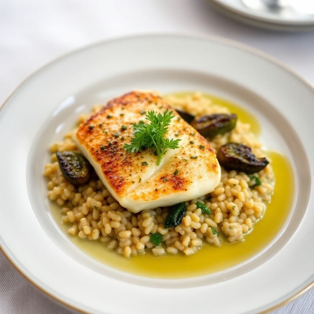 Pan-Seared Sea Bass with Herb-Infused Farro & Roasted Romanesco