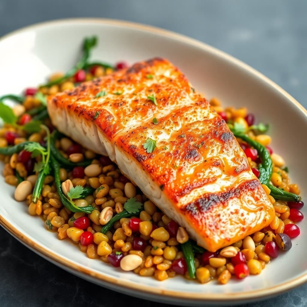 Crispy-Skinned Salmon with Charred Lentil Tabbouleh & Sautéed Beet Greens