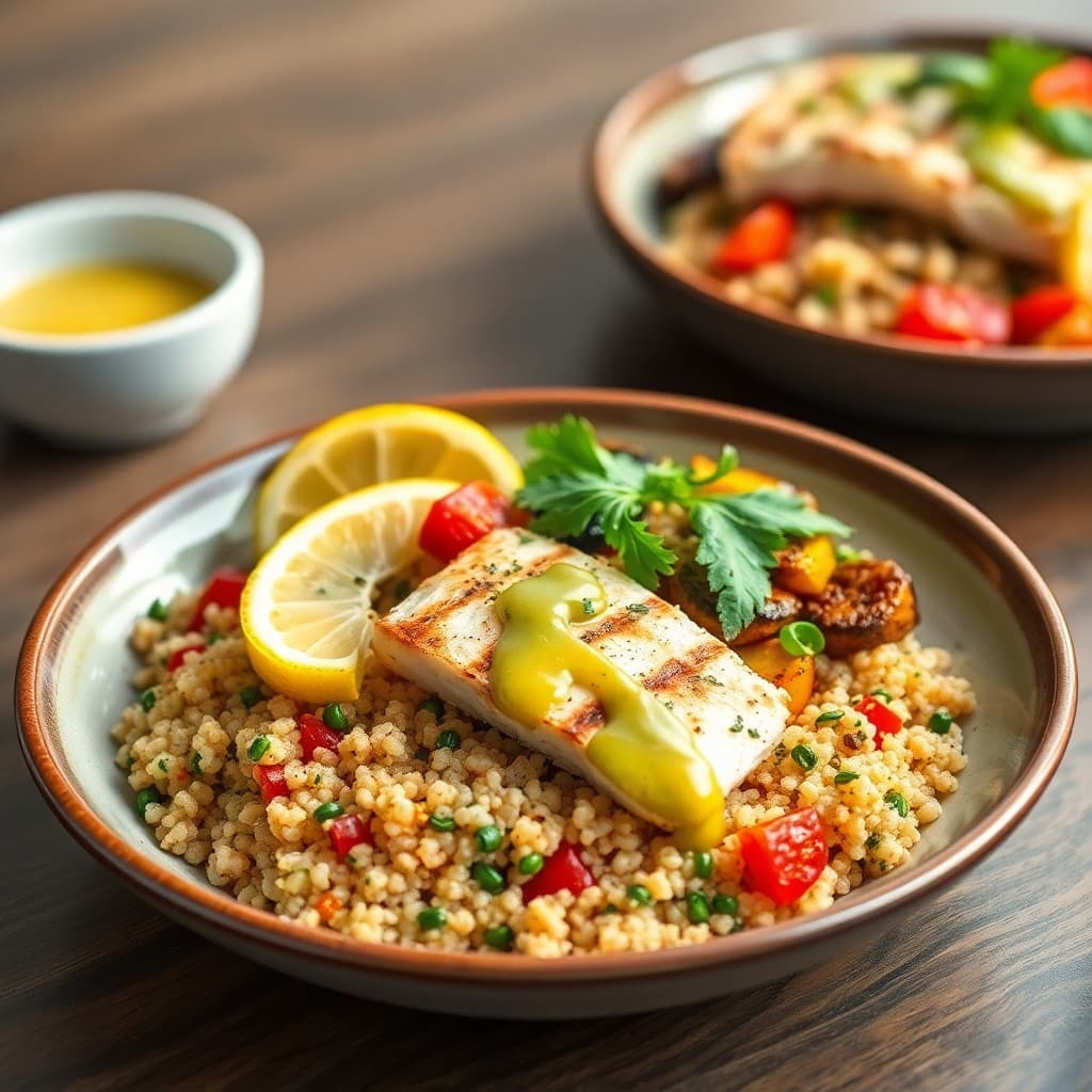 Mediterranean Quinoa and Grilled Halibut Bowls