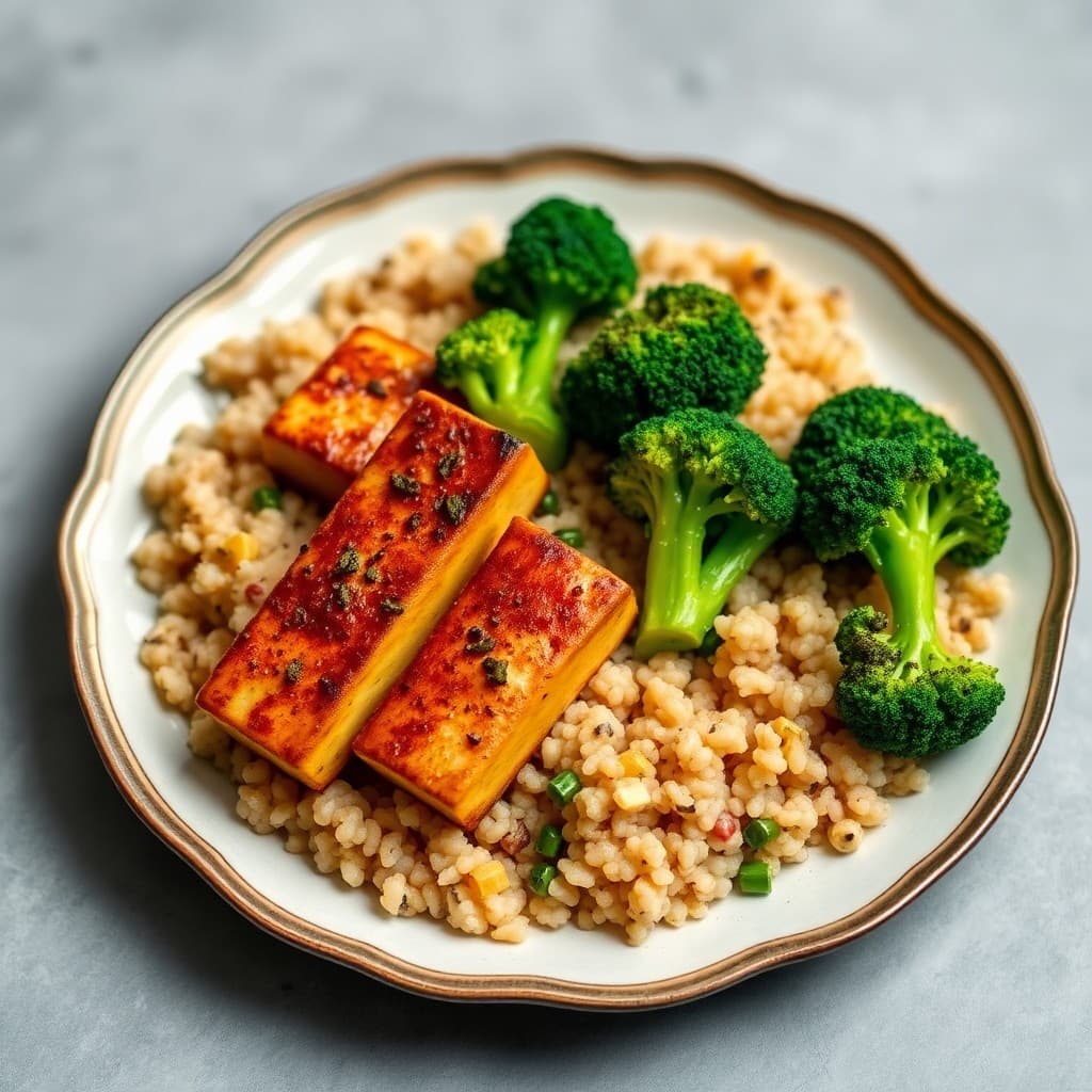 Seared Ginger-Garlic Tofu with Roasted Broccoli and Quinoa Pilaf