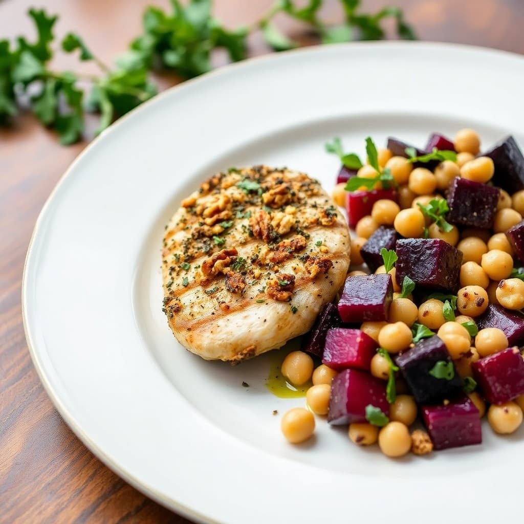 Albanian Herb-Crusted Grilled Chicken with Roasted Beet & Chickpea Salad