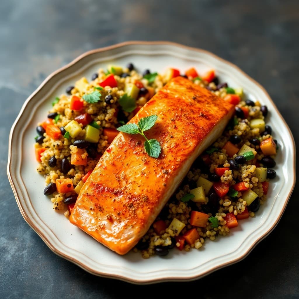 Seared Chili-Lime Salmon with Roasted Vegetable Quinoa Salad