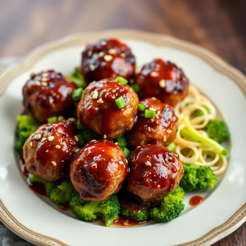 Sticky Sesame Chicken Meatballs with Garlic Ginger Broccoli