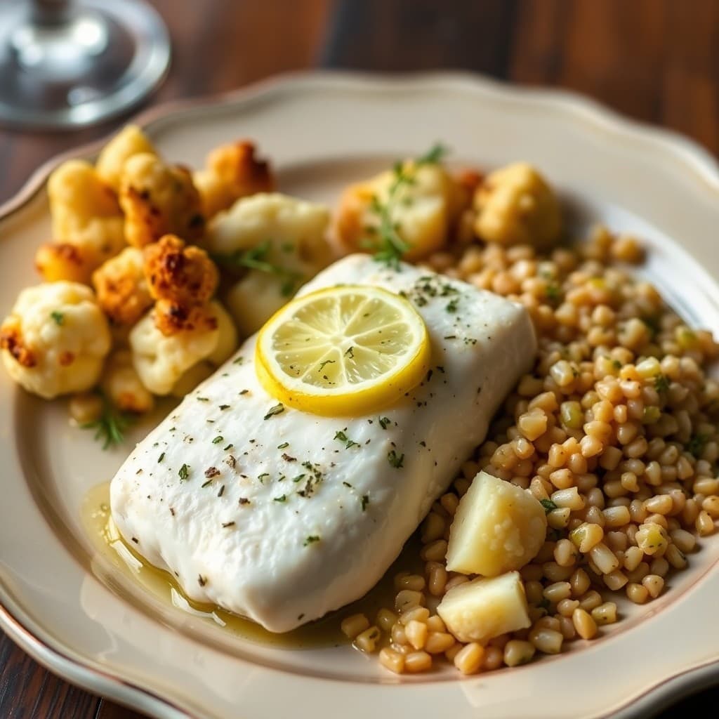 Baked Lemon-Herb Cod with Roasted Cauliflower and Farro