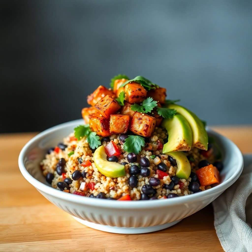 Peruvian Quinoa & Black Bean Ceviche-Style Bowl with Crispy Tempeh & Avocado