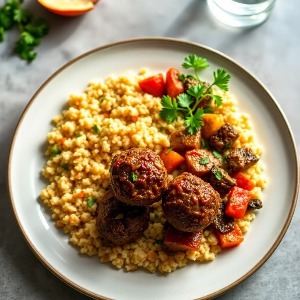 Moroccan Spiced Lamb Meatballs with Roasted Vegetable Couscous